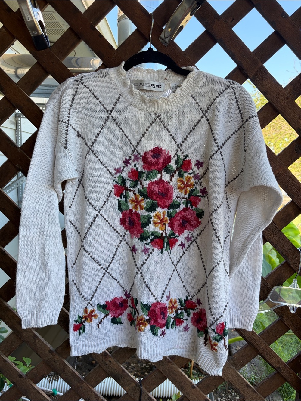 RAMIE COTTON Ladies Cream Floral Argyle Knit Sweater